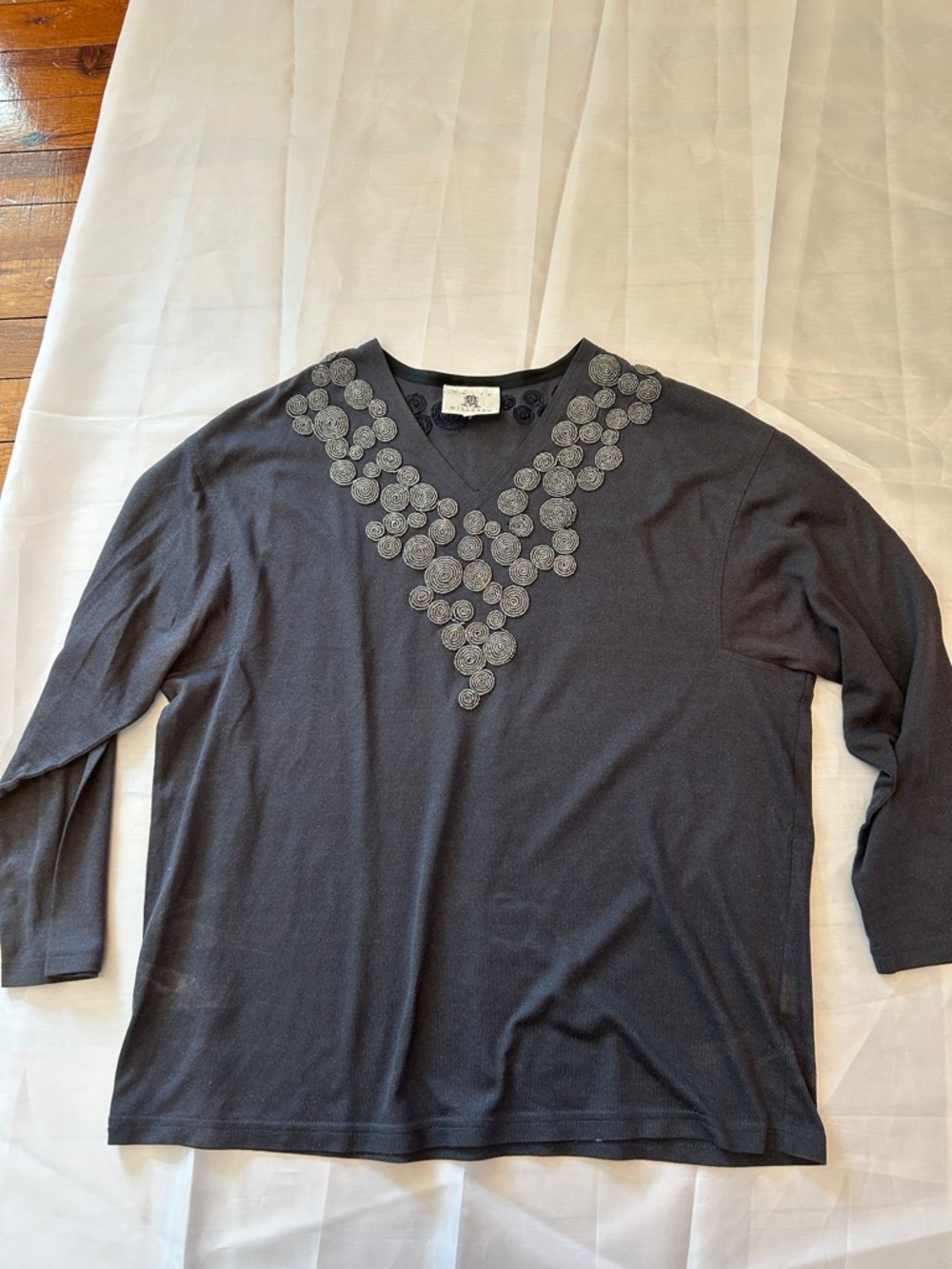 Vintage Women's Black Embellished V-Neck Blouse